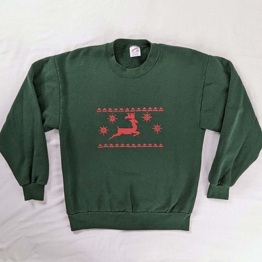 VTG Green Red Graphic Reindeer Ugly Christmas Sweater Crewneck Sweatshirt